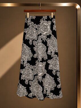 Alist Black Cream Rose Print A-Line Maxi Skirt Lined Modest M NWT